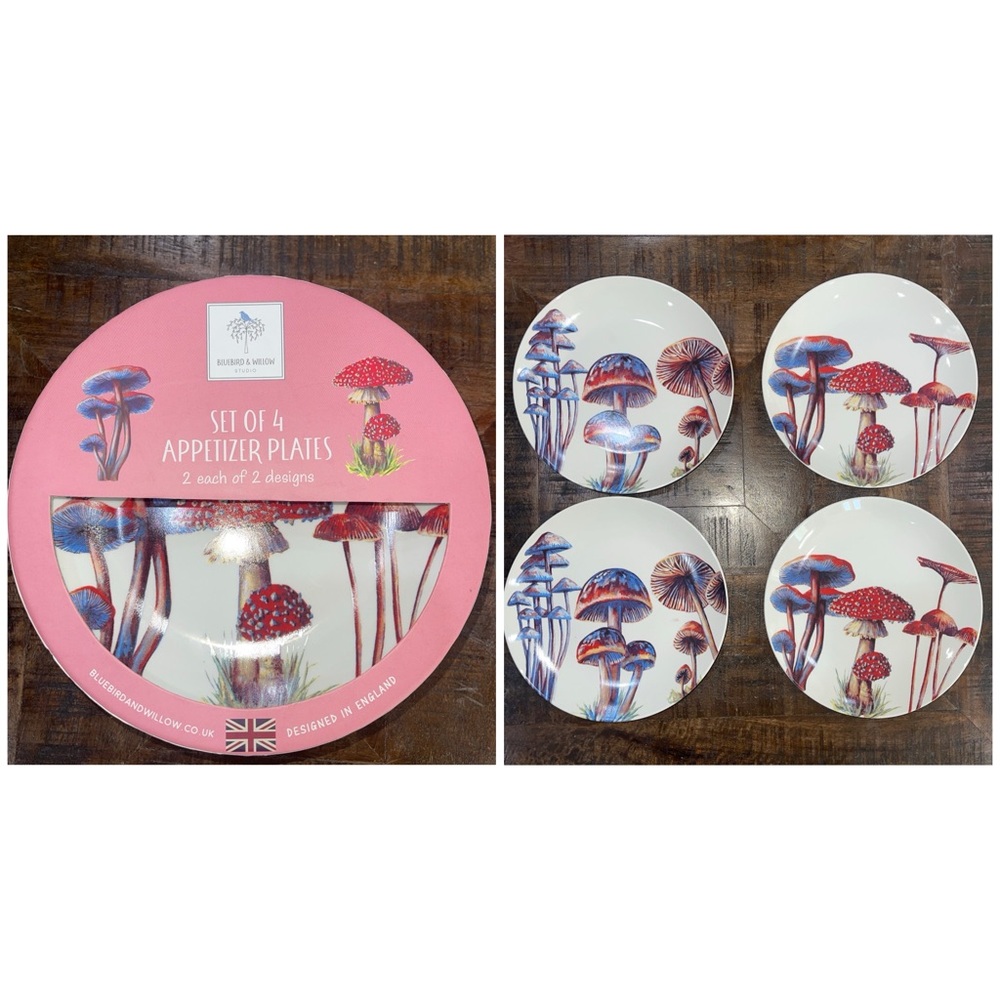 Bluebird & Willow Set Of 4  8” Appetizer Plates 2 Of Each Design Porcelain NIB